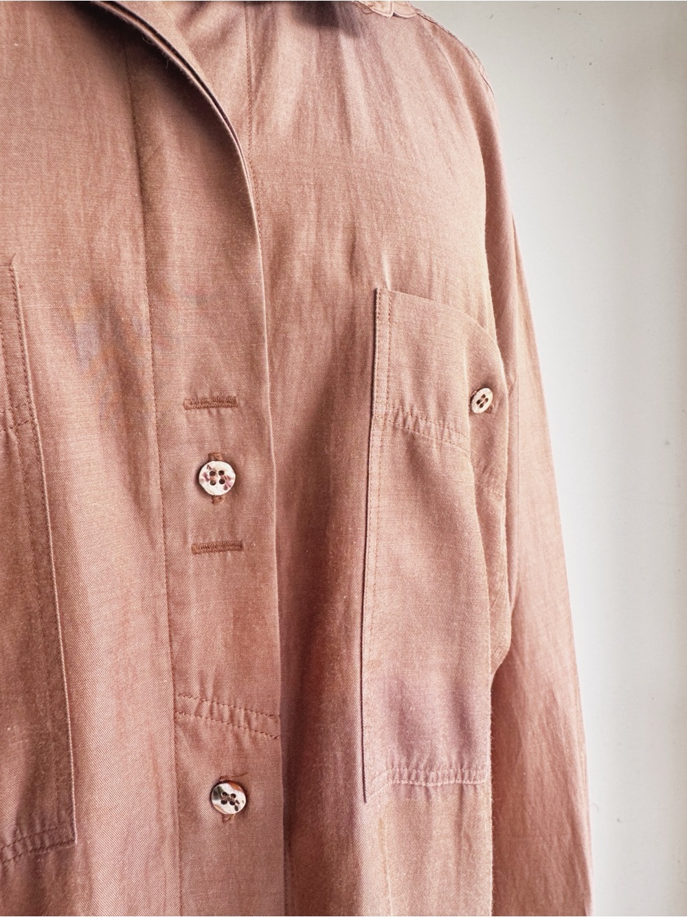 Vintage Otto Kern Silk Cotton Blend Taupe Hidden Placket Designer Blouse Large - Picture 3 of 9